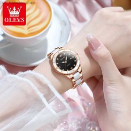 Wristwatches Womens Watches OLEVS 9985 New For Women Ceramic strap Roman Scale Calendar Waterproof Luxury Elegant Quartz Womens Wrist Set240409