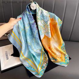 Scarves 2023 New Print Silk Satin Muslim Scarf Luxury 90cm Shawl Wrap Neckerchief Female Wraps Echarpe Bandana Hijab Head Scarve Gift240409