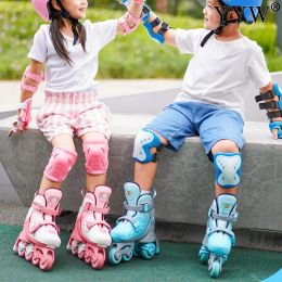 Kids Inline Roller Skate Shoes Flashing 4 Wheels Skates Set With Helmet Elbow Knee Pads Protective Gear Adjustable Size Sneakers