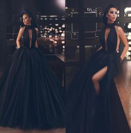 Sexy Halter Backless Black Prom Dresses 2020 New Long Formal Dress Evening Wear Puffy Tulle Women Cocktail Party Gowns Custom Made8638566