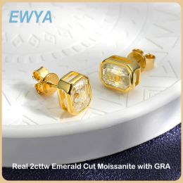EWYA New In 2cttw D Colour Emerald Cut Moissanite Stud Earrings for Women S925 Silver Rhodium Plated Diamond Earring Fine Jewellery