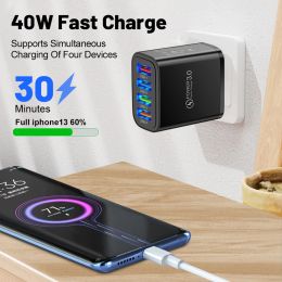 40W USB Charger Muti 4 Ports QC3.0 Quick Fast High Speed Charging Mobile Phone Travel Wall Adapter for Samsung S23 Xiaomi 14 Pro