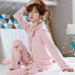 Home Clothing Cotton Women Pyjamas Set Pure Colour Long Sleeve Cardigan Turndown Collar Wear Sleep For