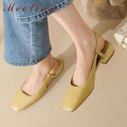 Dress Shoes Meotina Women Slingbacks Genuine Leather Thick Heels Pumps Square Toe Buckle Mid Heel Ladies Footwear Spring Autumn Yellow