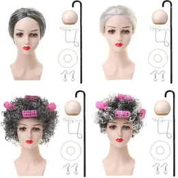 Party Supplies Halloween 2024 Granny Grey Wig Old Grandpa Hair Lady Rent Curling Iron Set