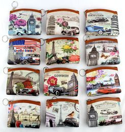 25pcsLot Mix Colours coin purse with key ring printed pattern of Famous buildings in Europe and America Mini Coin bag change pouch4729162