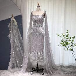 Luxury Feathers Dubai Formal Dresses for Women Party Bling Grey Mermaid Arabic Evening Dress with Cape SS279