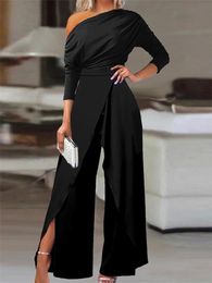 Elegant Jumpsuits for Women Spring Plain Office Lady Loose Ruched Cold Shoulder Split Hem Wide Leg Jumpsuit 240409