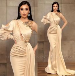 Arabic One Shoulder Satin Mermaid Prom Dresses Ruched Tulle Beaded Long Sleeve Formal Party Prom Celebrity Gowns Vestidos BC11112