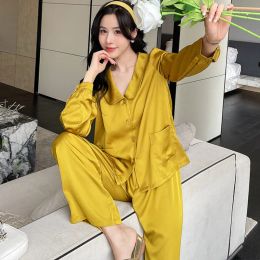 Female 2PCS PJS Set Women Outfits LAPEL Pyjamas Suit Satin Home Clothes With Trousers Sexy Loungewear Button-down Nightgown