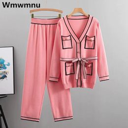 Women's Two Piece Pants Elegant Knit Womens Vintage Sweater Belt Conjunto Knitted High Waist Wide Leg Suit Casual Cardigan Loose Outfits