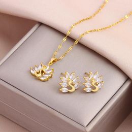 Pendant Necklaces Sparking Zircon Peacock Necklace Earrings For Women Female Daily Wear Stainless Steel Jewellery Sets Girls Party Gift