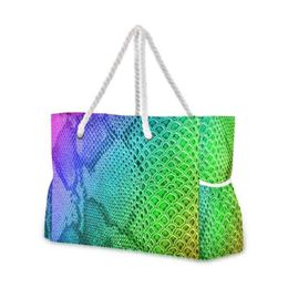 Shopping Bags Carry Bag For Travel Beach Shopping Rope Handle Women Reusable Cute Bags For Girls Rainbow Snake Skin Print Colorful2404