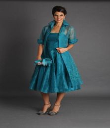 Elegant Mother Of Bride Dresses With Jacket Long sleeves A line Tea Length Prom Evening Party Wears Plus Size3686747