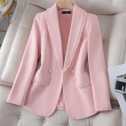 Women's Suits S-4XL Women Blazer Jacket Tweed Thick Double Breasted Slim Loose Spring Autumn Casual Office Work Suit Plus Size White Pink