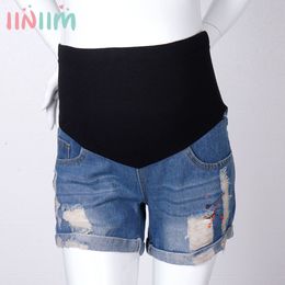 iiniim Summer Denim Shorts for Pregnant Women/Patchwork Style High Waist Support Belly Elastic Band Ripped Jeans With Pockets