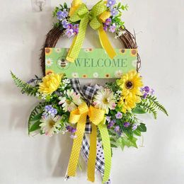 Decorative Flowers Spring Door Wreath Welcome Wooden Sign Garland 2024 Simulated Flower Hanging Bow