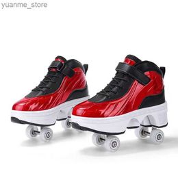 Inline Roller Skates Pu Leather Kids 4 Wheels Roller Skate Shoes Casual Deformation For Rounds Adult Of Running Sport Detachable Flying Sneakers Y240410