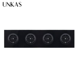 UNKAS Crystal Tempered Pure Glass Black Panel 16A Double EU Standard Wall Power Socket Outlet Grounded Child Protective Door