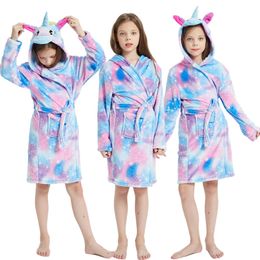 Unicorn Bathrobe For Girls Bath Robe Hooded Kigurumi Animal Pajamas Winter Flannel Warm Kid Bath Towel Robes Pijama Home Clothes