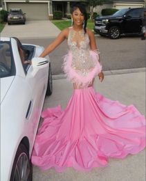 Hot Pink African Prom Dress for Women 2024 Crystal Feather Trumpet Evening Pageant Gown robe soiree de