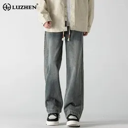 Men's Jeans LUZHEN Stylish Original Loose Splicing Stripe Design Men Trendy Casual Straight Denim Pants 2024 LZ2001