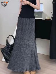 Skirts Elegant Fishtail Skirt Length 90cm Women Fashion Bright Flash Silver Wire A-line High Waist Long Summer Slim Leisure