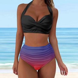 Women's Swimwear Sexy Bikinis Women Gradient Swimsuit 2024 Summer Two Piece Sets Push Up Female Halter Ruched Wrap Front High Waist