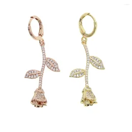 Dangle Earrings High Quality Micro Pave Cubic Zirconia Cz Flower Leaf Charm Earring Gold Rose 2 Colour