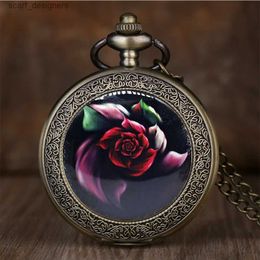 Pocket Watches Delicate Red Rose Quartz Pocket Flowers Fob with Chain Steampunk Clock Best Gift for Men Women Pendant Necklace Y240410