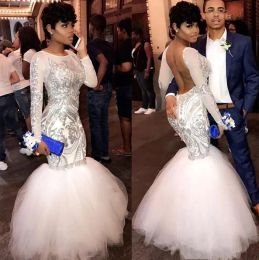 Sexy African White Mermaid Prom Dresses 2024 Long Sleeves Sequins Appliqued Backless Evening Wear Party Gowns Special Occasion Dresses
