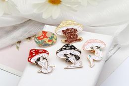 Fashion character pattern Gold Plated Enamel Pins Creative mushroom Girl Brooches 5pcs Set Paint Brooch for Women Denim Shirt Bad4476865