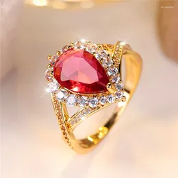 Wedding Rings Luxury Female Red Water Drop Zircon Stone Engagement Ring Trendy Gold Color Bride Jewelry Gift For Women