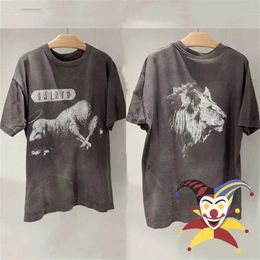 Men's T-Shirts SAINT MICHAEL Charcoal Black Split Print Sheep Lion Short Sleeved T-Shirt Men Women Tee Tops Washed T Shirt J240409