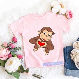T-shirts 2024 Kawaii Curious George T-shirt Cartoon Graphic Print Monkey T Shirt Summer Tees Girls Tshirts Pink Short Sleeved Tops 240410