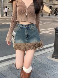 Skirts Denim Skirt For Women High-waisted Tassel Patchwork Anti-emptied Mini Pockets A-line Woman American Retro Dropship