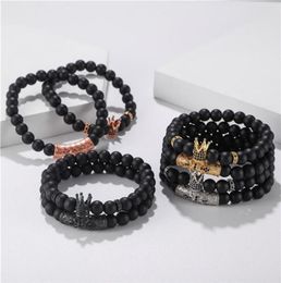 Charm Bracelets 2021 2pcsset CZ Crown Bracelet Men Braclet Kinds Black Matte Stone Bead For Mens Hand Jewelry7024308
