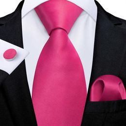 Neck Ties DiBanGu New Hot Pink Solid Silk Tie Mens Pocket Square Cufflinks Gift Wedding Party Accessories 8cm Necklace Set WholesaleC240410