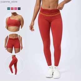 Yoga Outfits Women No Front Seam Yoga Leggings Folded Waist Elastic Fitness Pants Outdoor Running Training High Waist Tights Y240410