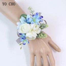 YO CHO White Silk Roses Wedding Flowers Wrist Corsage Bracelet Bridesmaid Blue Groom Boutonnieres Men Marriage Wedding Supplies