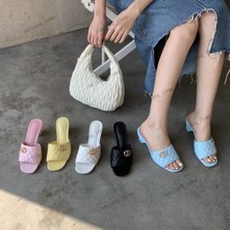 Women's Interlocking C Slippers Cone Heels Sandal Matelasse Quilted Gold hardware Beige Black Pink Summer Shoes Fashion Ladies Block Mid Heel Slides Brand Mules