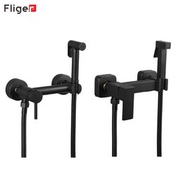 Fliger Black Bidet Sprayer Faucet Bathroom Toilet Bidet Faucet Hot Cold Mixer Water Hygienic Shower Anal Douche