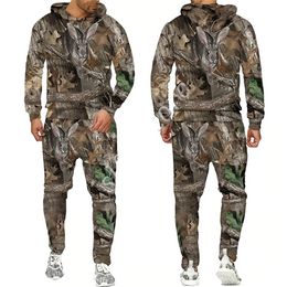 Wolf Casual Camouflage Hunting Animal Wild Boar 3D Hoodie Sweatshirt Long Pant Tracksuit 2 Piece Set Sportwear Men Clothing Suit