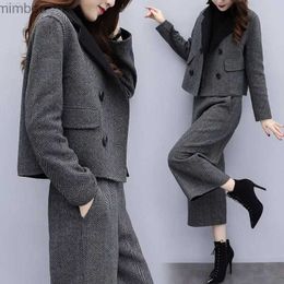 Women's Suits Blazers Women Blazer Pants Suit Fashion Commuter Double-breasted Tweed Jacket Elastic Waist Loose Wide-legged Trousers 2pcs Matching Set C240410