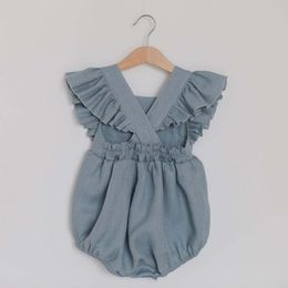 Baby Girls Solid Summer Romper For 0-24M Linen Ruffles Short Sleeve Outfits Bodysuit Clothes Newborn Toddler Jumpsuits For Baby