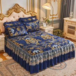 European Quilted Thicken Crystal Velvet Bed Skirt 3pcs Warm Plus Velvet Bed Sheet Pillowcase Three-piece Bedding for Wedding