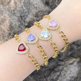 Charm Bracelets FLOLA Statement Curb Chain Heart For Women Copper CZ Crystal Gold Plated Jewellery Gifts Brtd70