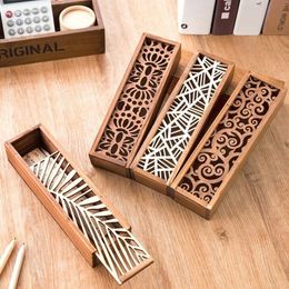 Retro Hollow Wooden Pencil Box Portable Storage Student Cute Multifunctional Stationery Desk Accessories School Supplies