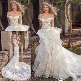 Eve of Milady 2024 Wedding Dresses Modest 3D Floral Off Shoulder Lace Applique Fishtail Sweep Train Mermaid Bridal Reception Dress