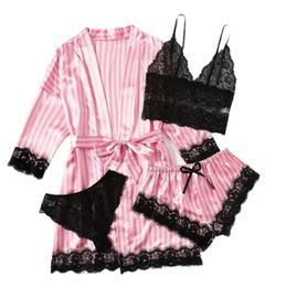 Summer Summer Pajama Sets Set 4 sztuki koronkowe satynowe z jedwabną szatą snu moda i wygodną nocną odzieżą nocną